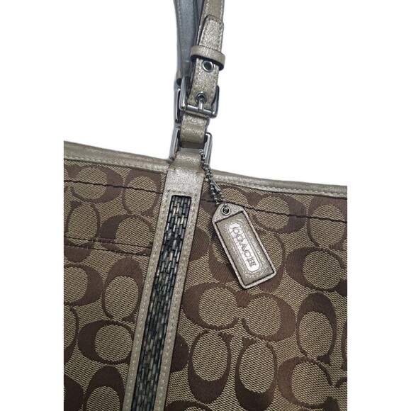 Coach Signature C Khaki Tote Jacquard Beaded Shoulder Bag Gold Brown F05J-8K52 - Picture 2 of 13